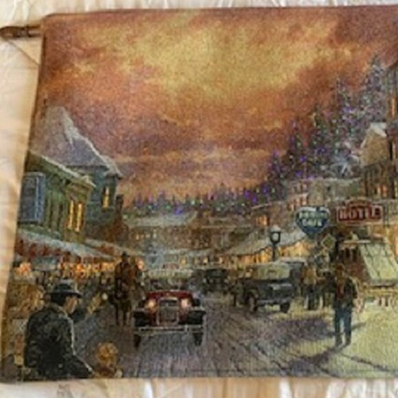 Thomas Kinkade Main Street Trolley Wall 2-sided Lighted Tapestry Finial Rod Set - Picture 1 of 14